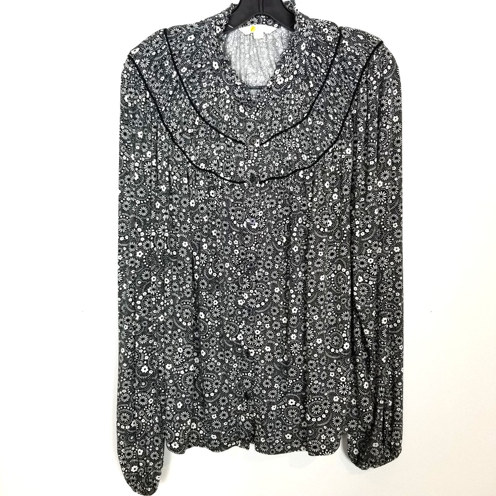 Boden Women Ruched Yoke Jersey‎ Shirt Sz 16/18 Floral Black White Long Sleeve